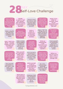 A phot of the prompts for the 28 days of self-love challenge.